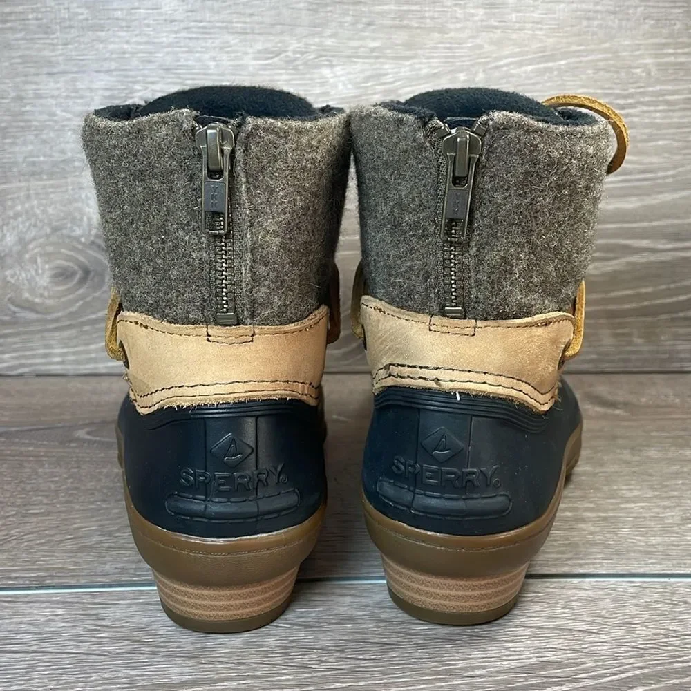 Sperry Top Sider Saltwater Tide Women’s Sz 5M Tan Black Zip Warm Wool Duck Boots